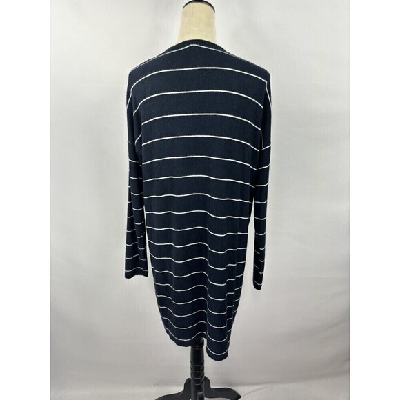 J Crew Open Front Cardigan Navy Blue White Stripe Small Pockets Tie Front - Picture 3 of 10